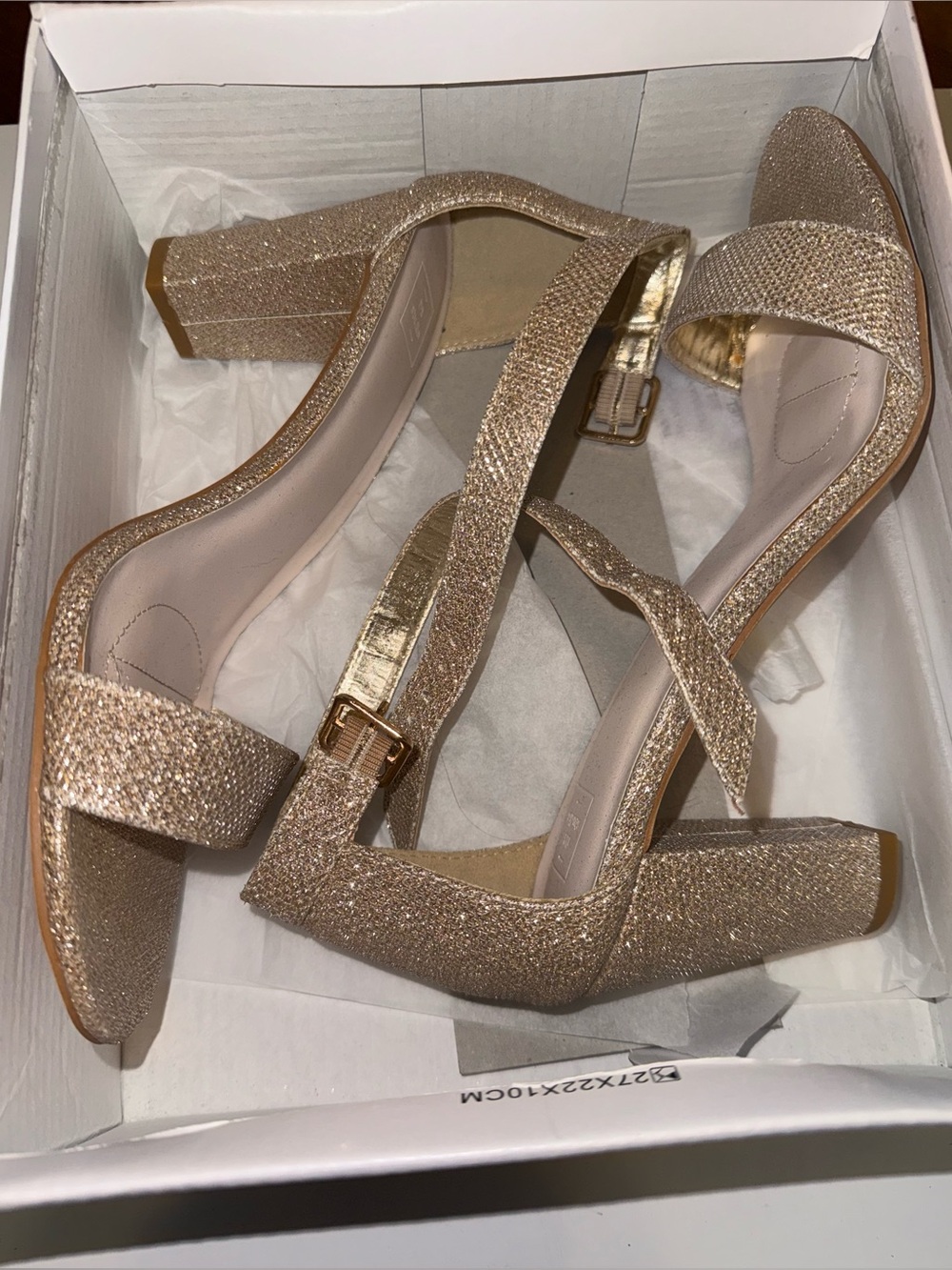 David's Bridal Gold Glitter Ankle-Strap Block Heel Sandals - Picture 3 of 13